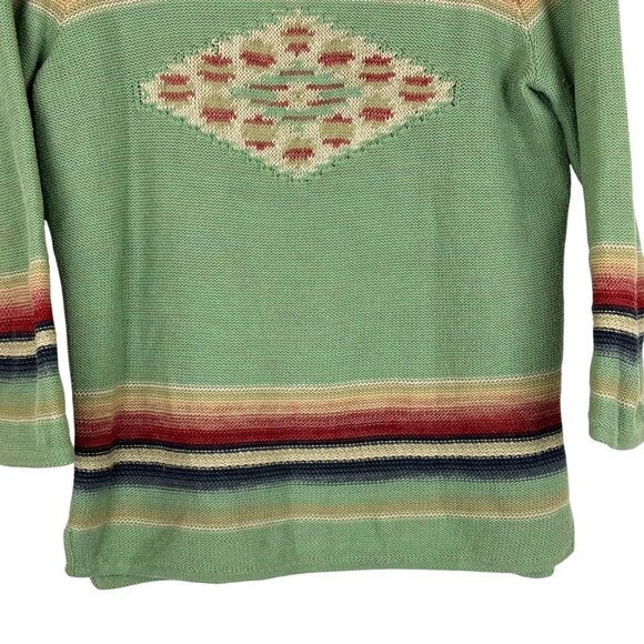 LRL Southwestern Aztec Knit Pullover Sweater Medium Green Striped Cotton Linen - Picture 4 of 9
